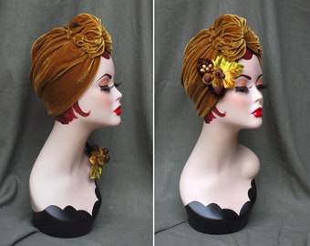 GOLD / Golden velvet : Full cap Turban & Brooch // Golden twenties // Vintage 40s 30s 20s // Retro Art Nouveau // Turban Hat // Jazzafine