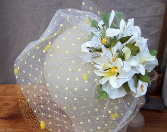 bird cage bridal veil polka dots spots yellow tiger lilly headpiece fascinator bridal bride boho summer wedding bridesmaid flowers hippie