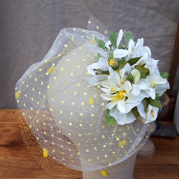 bird cage bridal veil polka dots spots yellow tiger lilly headpiece fascinator bridal bride boho summer wedding bridesmaid flowers hippie