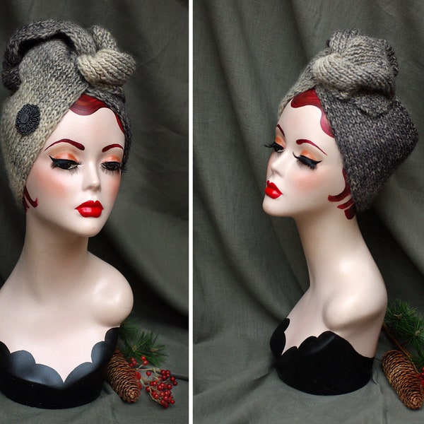 SHADES of GREy / GRAY elegant Turban Hat // hand knitted Vintage Sixties Diva Style // cozy & elegant // 60s 30s 40s // soft wool Turban hat