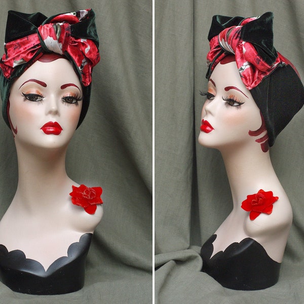 DEEP GREEN & RED Flowers: Velvet Turban Headband // Red Roses Poppy Flowers Vintage Turban // 30s 40s Bow Art Nouveau // Accessories