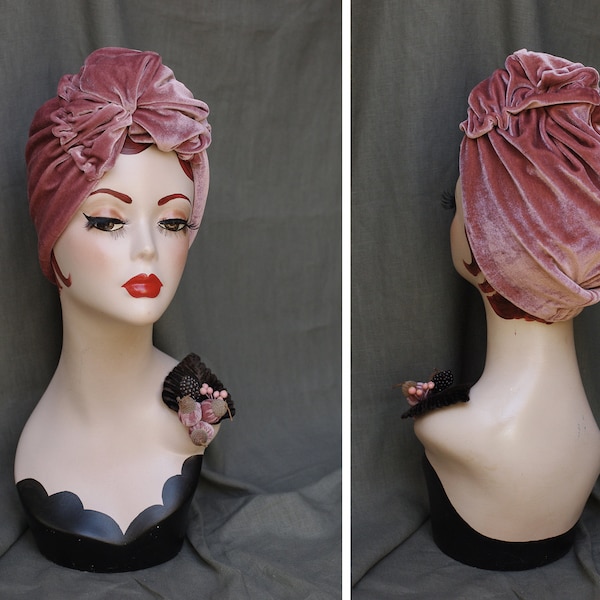 Turbante de terciopelo OLD TROSA // turbante cerrado de palo de rosa malva rosa polvo // sombrero de turbante, bellotas, accesorios // caída del cabello vintage 30s 40s