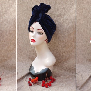 NAVY blue VELVET Turban hat // Vintage diva style // 30s 40s Retro // Unique // accessories // cancer hair lost therapy // Art nouveau image 2