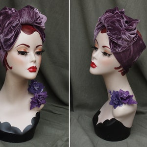 Lilac / Lavender Velevet Turban & matching Brooch // purple VELVET Headband // Vintage Diva Style 30s 40s // corsage retro gift idea for her