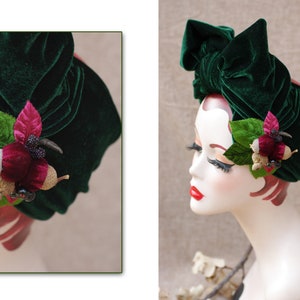 DEEP GRREN Velvet Turban Headband & Brooch // Vintage 40s 30s // Retro Art Nouveau //burgundy green red bow // acorns // Jazzafine image 4