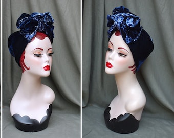 NAVY BLUE PAISLEY Velvet Turban Headband // sky blue Vintage Turban // 30s 40s Bow Art Nouveau dusty blue velvet