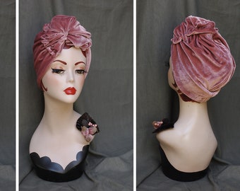 DUSKY PINK / POWDER: Velvet Full cap Turban // Vintage 40s 30s // Dusty punk Retro Art Nouveau // Turban Hat // Jazzafine