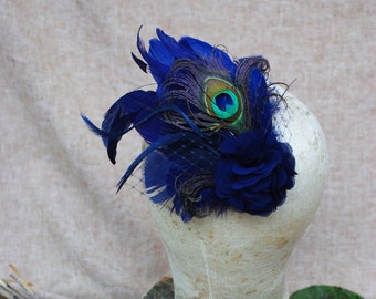 Fascinator blau dunkelblau lila aubergine violett schwarz // Haarschmuck Pfau Federn // headpiece für Hochzeit Taufe Pfauenfeder Accessoires