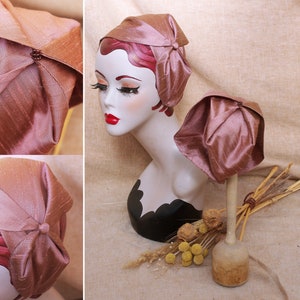 Dusky pink Silk Half Hat, elegant Headpiece Vintage Style  30s 20s Art Deco,  Headband Fascinator, retro accessories, hair covering church