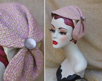 Mezzo cappello a fascia larga realizzato in TWEED E SETA // Accessori per erbe in rosa beige // Stile vintage degli anni '20 e '30 // Accessori per capelli in lana