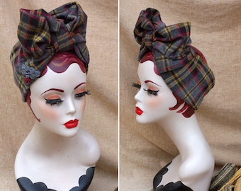 Tartan Turban Haarband gebunden Schleife / Kariert grau rot gelb Turbandband / Vintage 30er 40er Stil / Accessoires für Spin Up Diva Alltag