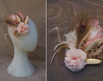 Headpiece fascinator feathers burlesque GOLD dusky pink peach  head flower bridal bridesmaid wedding vintage pink rose peachy blush nude