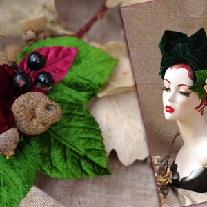 DEEP GRREN Velvet Turban Headband & Brooch // Vintage 40s 30s // Retro Art Nouveau //burgundy green red bow // acorns // Jazzafine image 3