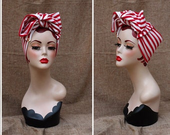 Nautical / Navy Style Turban Headband // Red & White stripes with golden anchor. Fifties Style accessories. Hair covering BOW