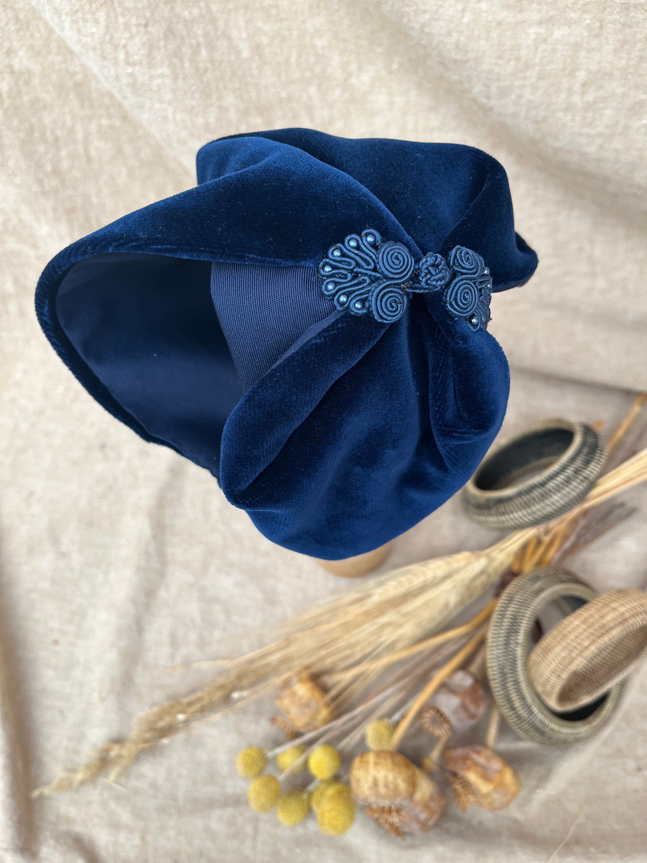 Navy blue velvet blue headband blue headpiece vintage blue hat blue bow Velvet Bow Headband - Dusty Blue | Caden Lane main image 4
