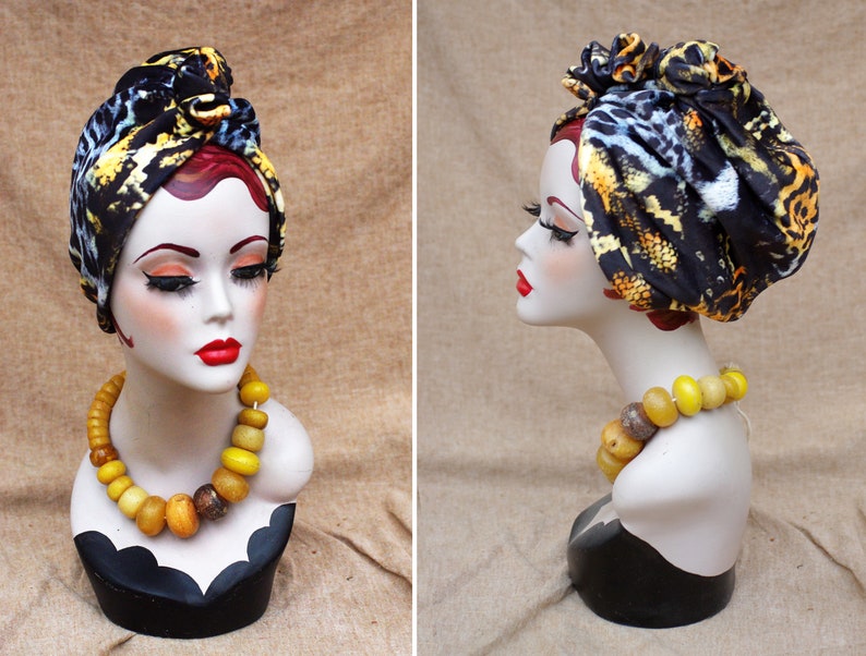 LEO / ANIMAL print : Velvet Full cap Turban // 60s Diva Look Turban // Accessories Vintage African style // brown orange yellow // Hair lost image 3