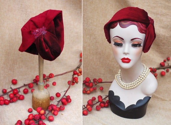 Vintage Burgundy Velvet Feather Cocktail Hat Fascinator Vintage burgundy velvet hat with floral and feather accent main image 4
