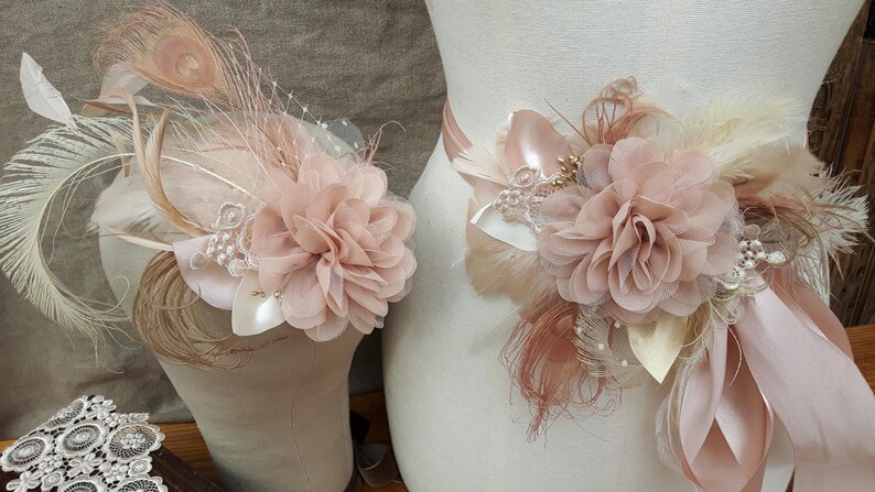 Bridal Sash /& Headpiece wedding belt Fascinator Flower vintage Bride blush nude beige tan Peacock edwardian romantic Bridesmaid lace cream