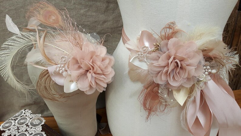 Bridal Sash & Headpiece wedding belt Fascinator Flower vintage Bride blush nude beige tan Peacock edwardian romantic Bridesmaid lace cream image 5