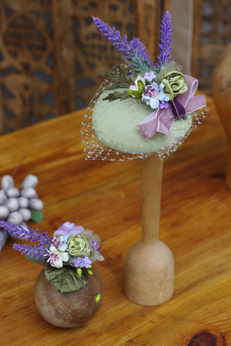 Provence lavender lilac green mint bridal headpiece fascinator corsage wedding accessoiries vintage bride bridesmaid silk fifties pastel image 6
