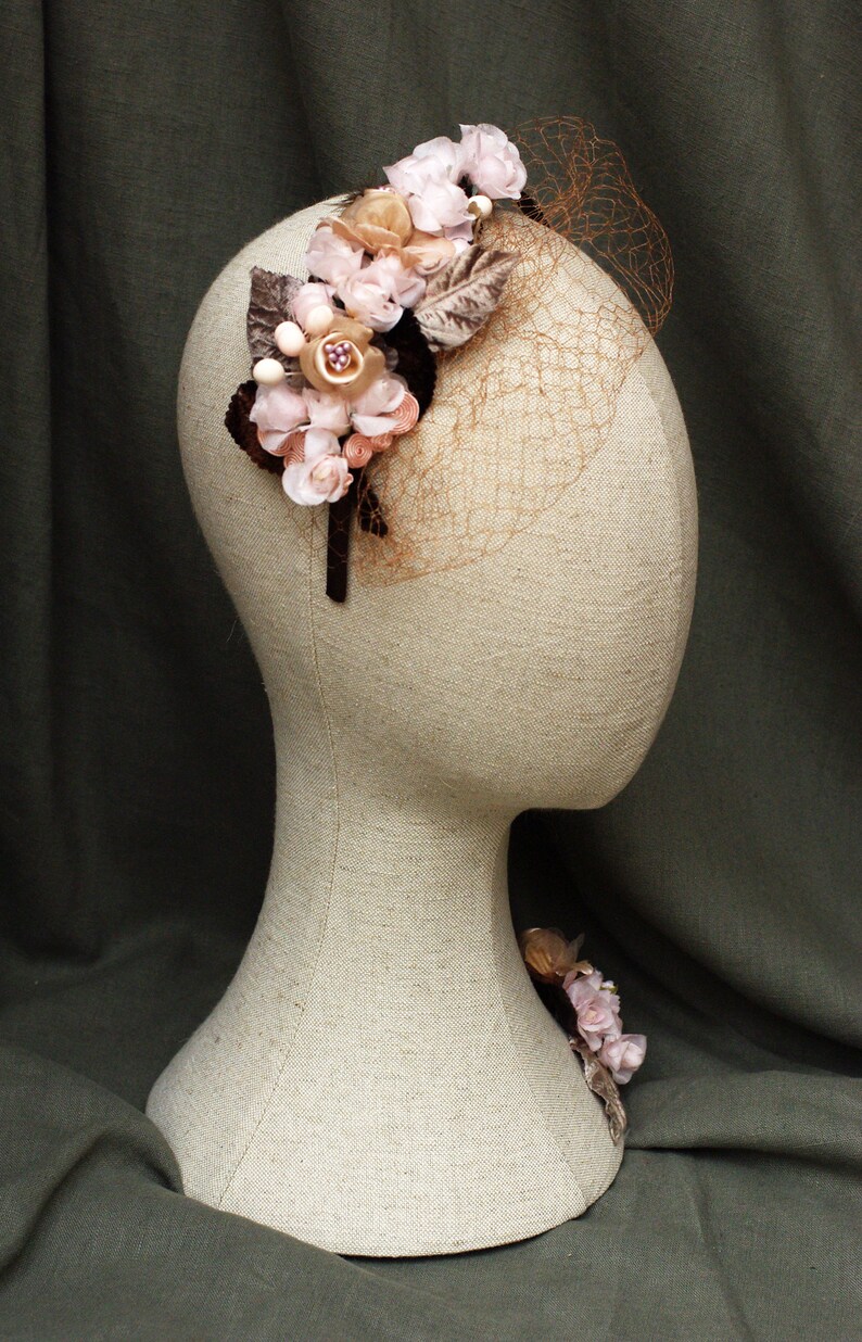 BOHO WEDDING Bridal accesories: Headband & Corsage // pale pink beige taupe // Original silk velvet Vintage // Brooch Headpiece Veil image 4