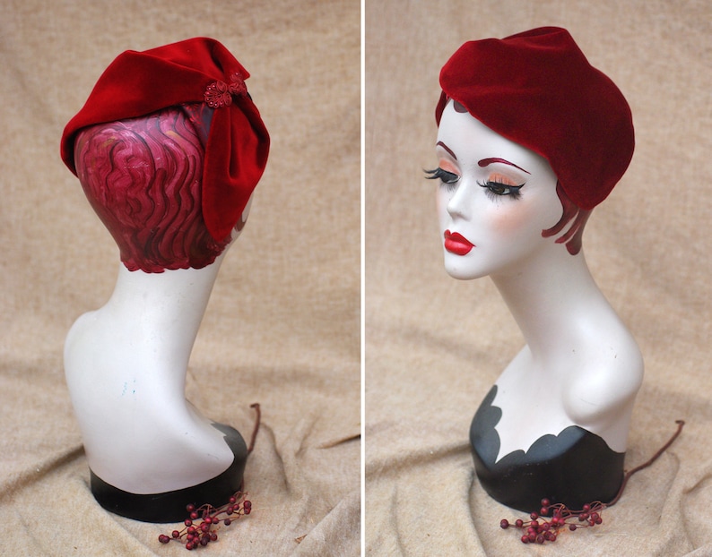 Wine Red Velvet Half Hat // Headpiece Vintage 30s 20s Art Deco // Diva Headband Fascinator accesories Valentines // engagement gift idea image 6