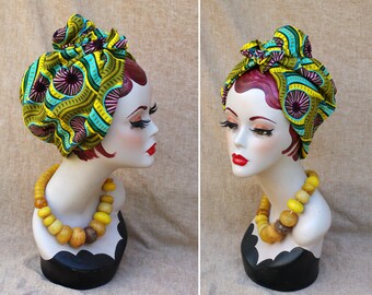 Turban traditionelles afrikanisches Muster Afrika Accessoires // Vintage Mütze Chemo Haarausfall Krebs Kopfbedeckung Ethno Jungle Greenery