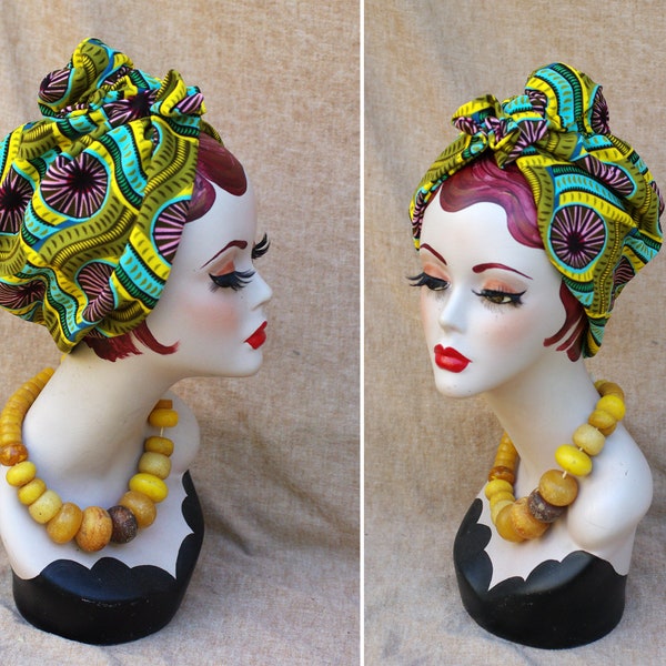 Turban traditionelles afrikanisches Muster Afrika Accessoires // Vintage Mütze Chemo Haarausfall Krebs Kopfbedeckung Ethno Jungle Greenery