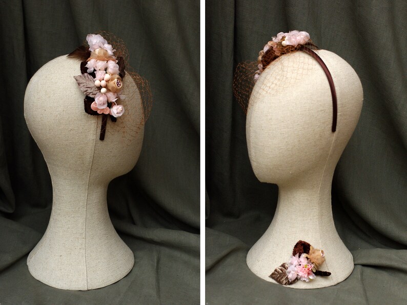 BOHO WEDDING Bridal accesories: Headband & Corsage // pale pink beige taupe // Original silk velvet Vintage // Brooch Headpiece Veil image 8