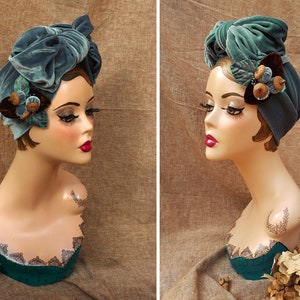 AQUA / PALE TEAL Velvet Turban Headband // Vintage Style 40s 30s // Retro Art Nouveau grey blue velvet bow brooch // diva pin up accessories