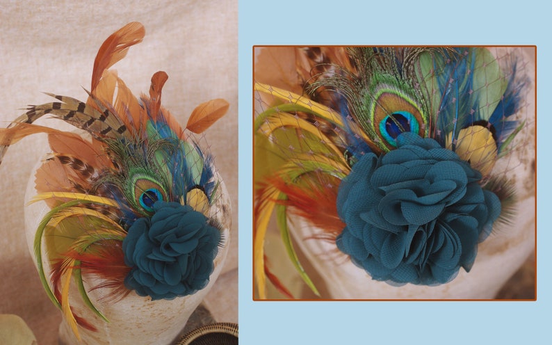 Fall colors Headpiece Teal gold green rusty // Fascinator with Peacock Pheasant feathers // autumn or winter wedding bridesmaids boho bride image 7