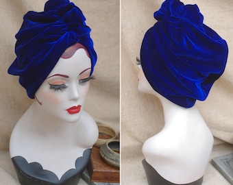 ROYAL BLUE velvet : Full cap Turban // blue velvet / indigo // Vintage 40s 30s 20s // Retro Art Nouveau // Turban Hat // Jazzafine