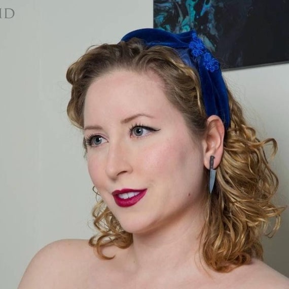 Navy blue velvet blue headband blue headpiece vintage blue hat blue bow Navy Blue Feather Velvet Padded Headband Fascinator  main image 2