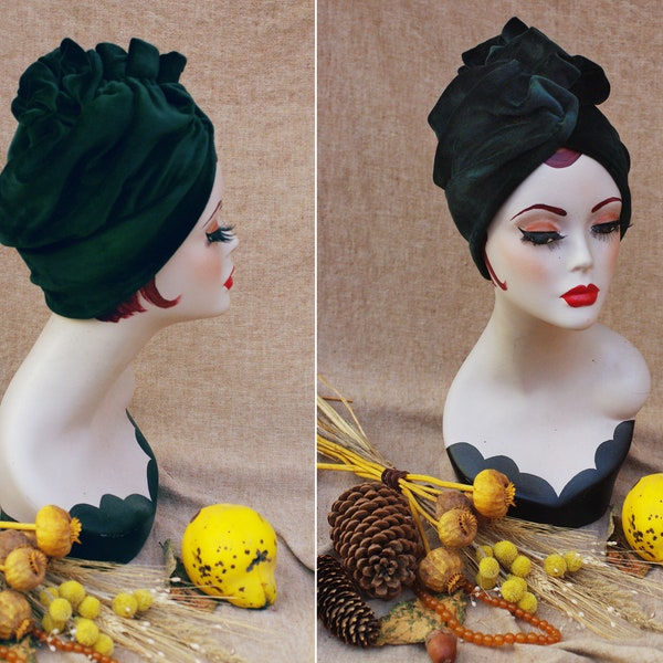 VELVET Turban en gris ou vert foncé // Chapeau turban style vintage des années 30 40 // Chapeau de perte de cheveux chimio élégant doux chaud extravagant