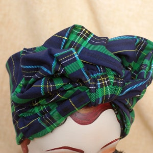 NAVY blue & GREEN Tartan Turban Headband organic cotton jersey // Vintage 40s 50s Rockabilly Retro Bow Pin Up Rockabella checked plaid image 4