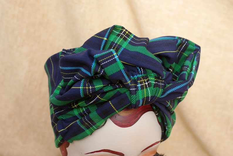 NAVY blue & GREEN Tartan Turban Headband organic cotton jersey // Vintage 40s 50s Rockabilly Retro Bow Pin Up Rockabella checked plaid image 4