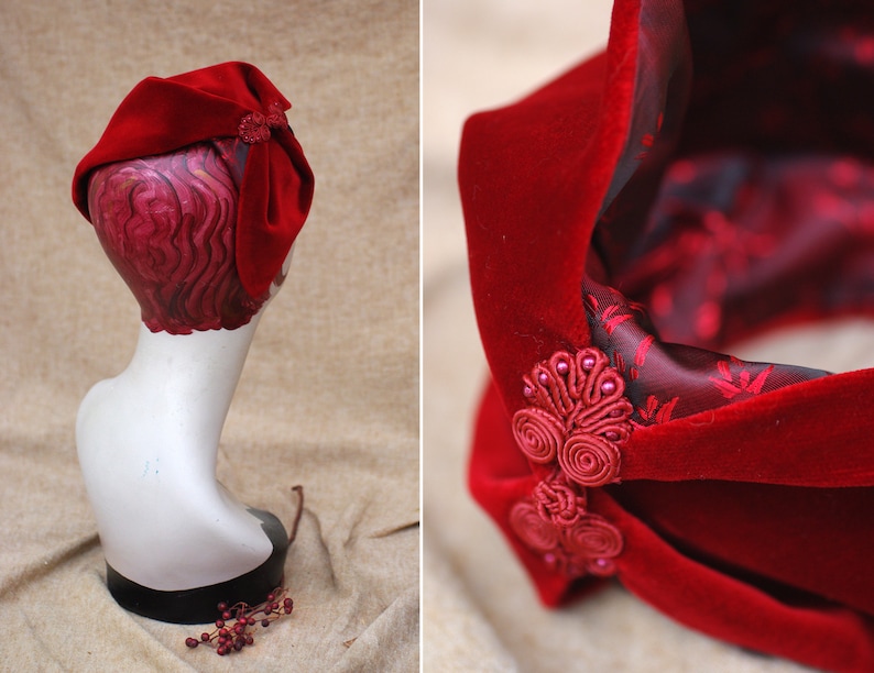 Wine Red Velvet Half Hat // Headpiece Vintage 30s 20s Art Deco // Diva Headband Fascinator accesories Valentines // engagement gift idea image 9
