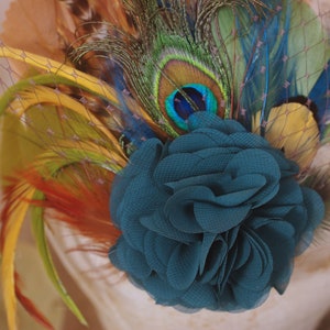 Fall colors Headpiece Teal gold green rusty // Fascinator with Peacock Pheasant feathers // autumn or winter wedding bridesmaids boho bride image 8