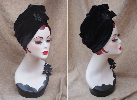 SCHWARZ Samt Turban Perlen // extravagant geschlossener Turbanhut // Art Deco Accessoires // Vintage 20er 30er Jugendst // Haarausfall
