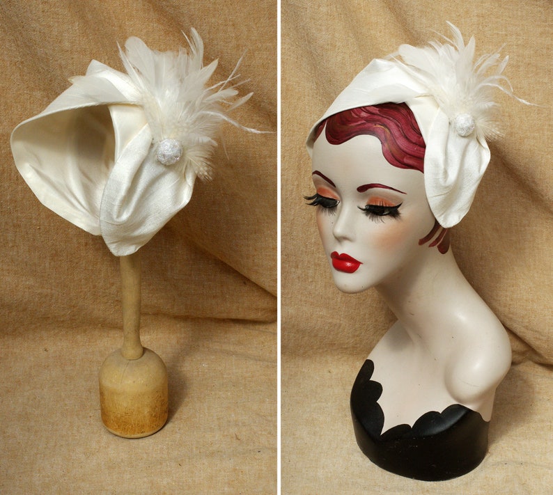 Vintage Wedding: Customizable Bridal Half Hat pure Silk . Headpiece cream ivory art deco style 20s 30s . halfhat Headband accessories bride image 1