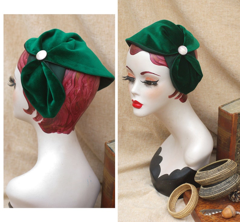 Billard green Velvet Half Hat with mother of pearl // emerald Headpiece Vintage 30s 20s Art Deco // Diva Look // Headband Fascinator spring image 1