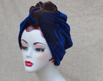 Turban élégant en velours, bleu marine et marron chocolat / bleu foncé, style vintage années 1930-40, idéal pour compenser la perte de cheveux liée à la chimiothérapie, style art déco extravagant.