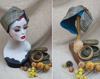 Glen Plaid / Glencheck  Glenurquhart Half Hat brown & teal blue // Headpiece Vintage 30s 20s Art Nouveau Headband Fall accessories wool