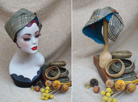 Glencheck Haarreif Half Hat Petrol Braun // Headpiece aus Vintage Wolle //  20er 30er Art Deco Business Look // Haarausfall lichtes Haar