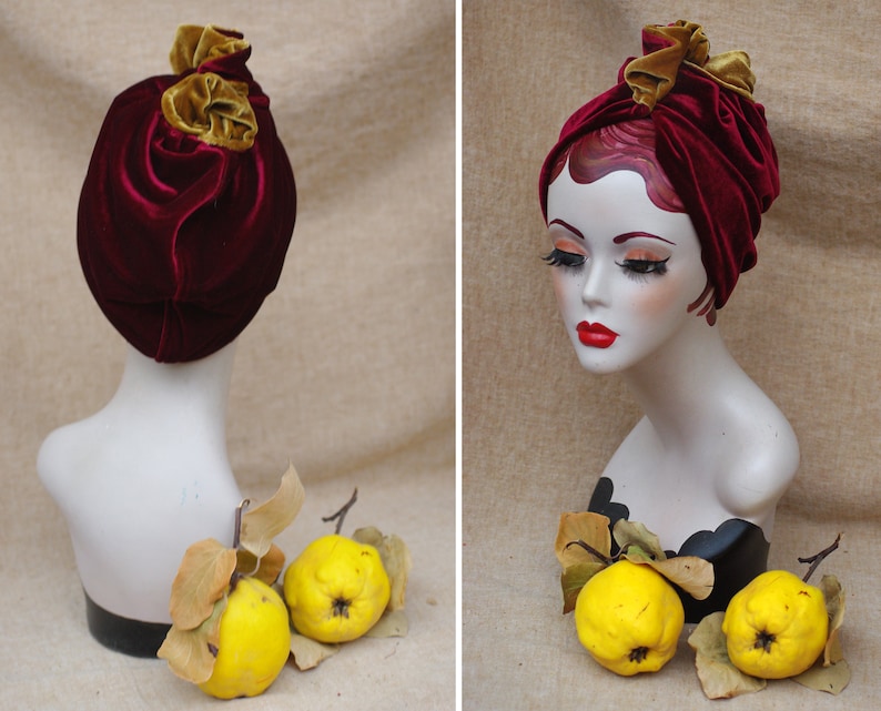 Two tones Turban: wine red / burgundy & gold VELVET // Full Cap Vintage style diva 30s 40s Retro accessories / cancer hair lost Art nouveau image 3