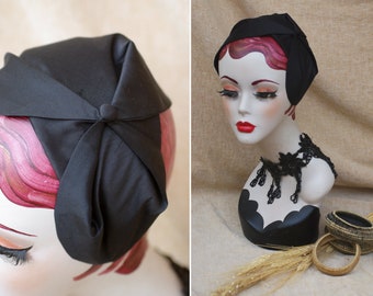 Soie noire : bandeau demi-chapeau, élégant casque noir années 20, 30, demi-chapeau fascinateur style vintage art déco accessoires de deuil gothiques