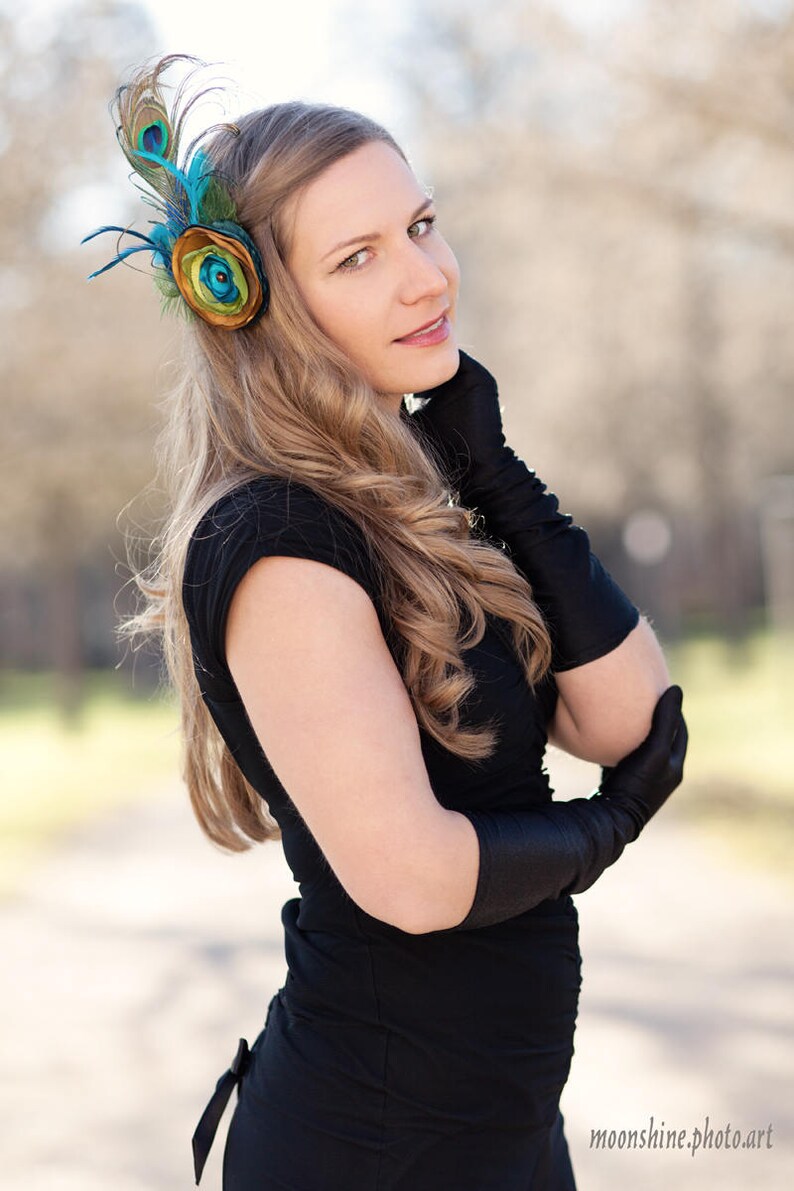 Headpiece Julietta bridal fascinator turquoise teal gold green peacock wedding bridesmaid bride vintage boho feathers ascot roaring twenties image 3