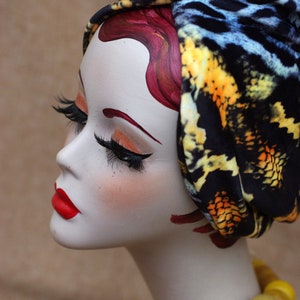 LEO / ANIMAL print : Velvet Full cap Turban // 60s Diva Look Turban // Accessories Vintage African style // brown orange yellow // Hair lost image 9