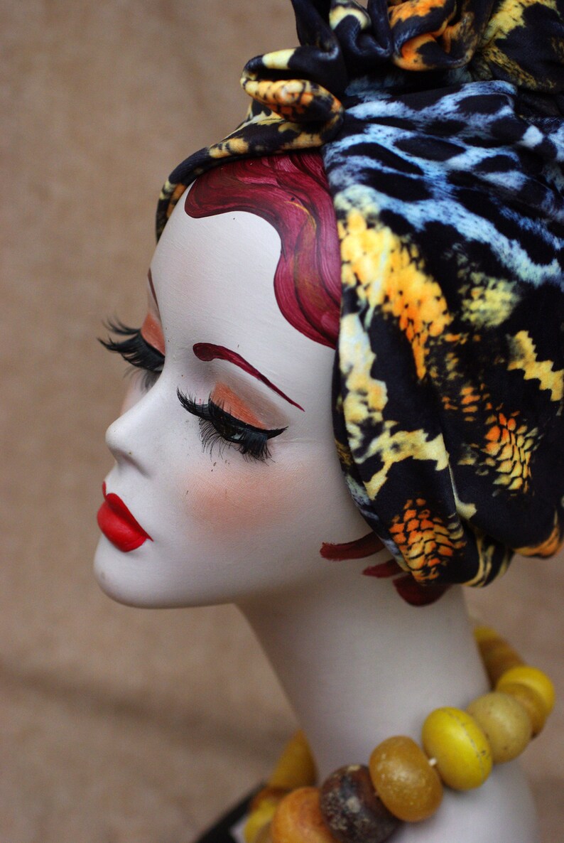 LEO / ANIMAL print : Velvet Full cap Turban // 60s Diva Look Turban // Accessories Vintage African style // brown orange yellow // Hair lost image 9