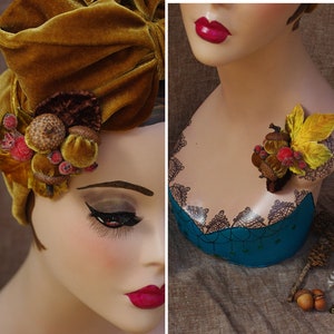 GOLDEN autumn Velvet Turban / Headband & Brooch for FALL / Vintage 40s 30s / Retro Art Nouveau Bow acorns / Urban image 2